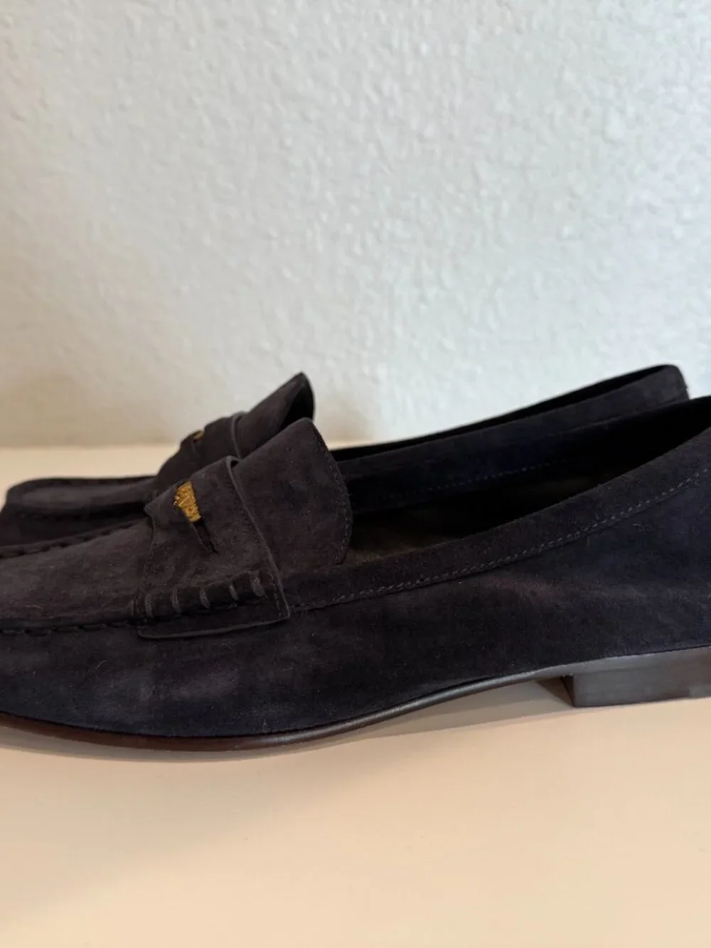Veronica Beard Suede, Gold Coin Penny Loafers in Eclipse (Navy)